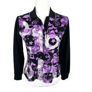 Arnaldo Bassini Polo Shirt Women Medium 90 Black Purple Floral Print Long Sleeve